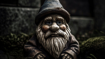 Old country gritty dark haunting garden gnome in an abandoned garden.