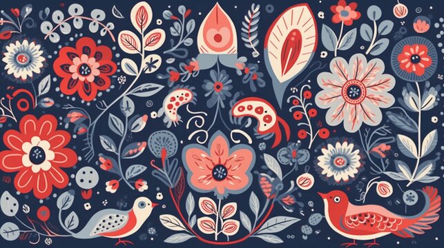 Scandinavian traditional folk art, texture Background design, colorful, floral, Generative AI