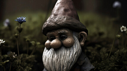 Old country gritty dark haunting garden gnome in an abandoned garden.