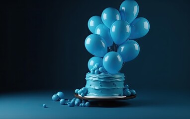 Festive background with blue balloons and birthday cake with candles Generative AI
