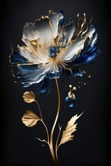 Luxurious white blue and gold floral design, with thick paint lines, Generative Ai