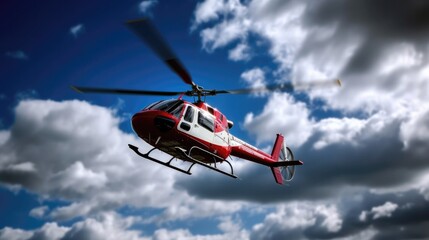 Fototapeta na wymiar A Red And White Emergency Helicopter Flying In A Blue Sky. Generative AI