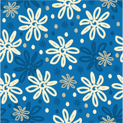 Vector abstract seamless pattern with white flowers on blue background. Simple geometric floral print.
