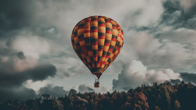 A Red And Yellow Hot Air Balloon In A Cloudy Sky. Generative AI