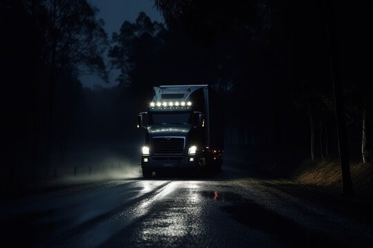 An image of a truck driving at night: The image show a transport truck driving on a dark road at night. In the dark and moody background. Generative AI