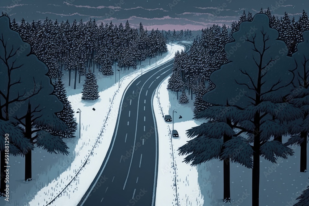 Poster serene winter drive through a snowy forest. Generative AI