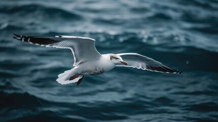A White Seagull Flying Over A Blue Ocean. Generative AI