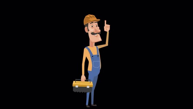 Cartoon foreman worker in helmet character with tool box having solution idea gesture animation with alpha channel