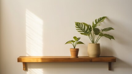 A White Wall With A Simple Wooden Shelf And A Single Potted Plant. Generative AI