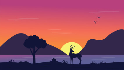 silhouette of a deer in the sunset with mountains stream and jungle computer desktop wallpaper hd