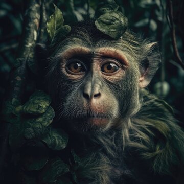 Portrait Of A Monkey With Leaves On His Face Fused With The Green Leaves And Roots. Generative AI