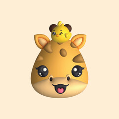 3D Render Happy Cute Giraffe Head with Chick (Vector)