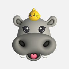 3D Render Happy Cute Hippo Head with Chick (Vector)