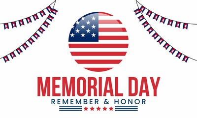 Memorial Day background illustration. text Memorial Day, remember and honor with America flag and buntings 