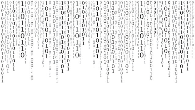 Matrix background. Cyber security with binary code. Rapidly falling randomly white numbers. Decoding algorithms hacked software. Big data visualization.
