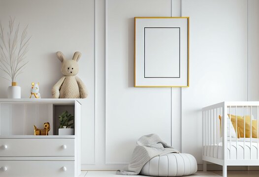 Empty vertical picture frame on white wall in modern child or teenie room. Mock up interior in contemporary style. Free, copy space for picture, poster. Bed, sideboard. Cozy room for. Generative AI