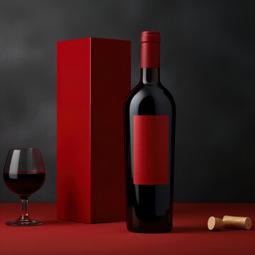 Black wine bottle mockup with empty label, crystal glass and red box