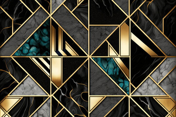Abstract geometric background, Art deco pattern with mosaic inlay grid. Mixed tiles with artificial marble stone textures and shiny golden metallic foil