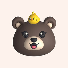 3D Render Happy Cute Bear Head with Chick (Vector)