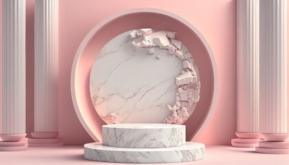 3D rendering of marble podium with marble stone on pink background. Beautiful Luxury scene for products display. circle stage, marble design, mockup