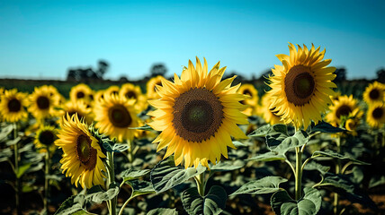 Fototapeta premium Close-up of a vibrant yellow sunflower field in full bloom, with the sunflowers reaching for the sun and their bright petals contrasting against the deep blue sky.