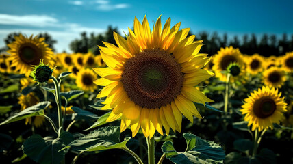 Close-up of a vibrant yellow sunflower field in full bloom, with the sunflowers reaching for the sun and their bright petals contrasting against the deep blue sky.