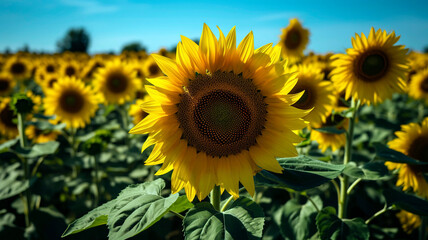 Close-up of a vibrant yellow sunflower field in full bloom, with the sunflowers reaching for the sun and their bright petals contrasting against the deep blue sky.