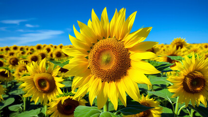 Fototapeta premium Close-up of a vibrant yellow sunflower field in full bloom, with the sunflowers reaching for the sun and their bright petals contrasting against the deep blue sky.
