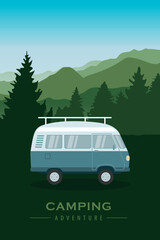 camping adventure camper van at green mountain and forest landscape