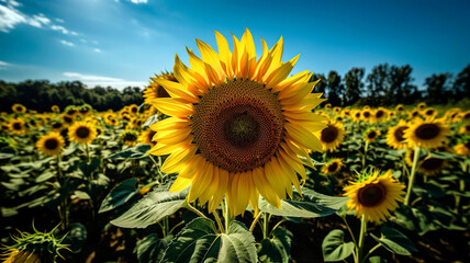 Obraz premium Close-up of a vibrant yellow sunflower field in full bloom, with the sunflowers reaching for the sun and their bright petals contrasting against the deep blue sky.