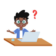 The boy at the computer is looking for an answer. Vector illustration