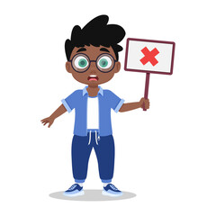 Cute boy with a sign in his hand, a red cross