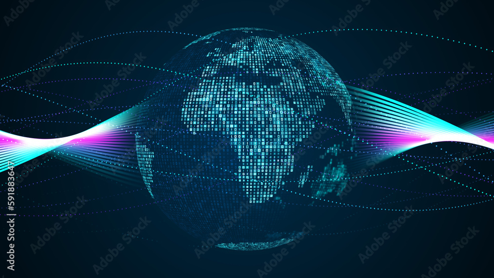 Poster abstract bluish green shiny square mosaic binary digital number globe earth world map side of africa