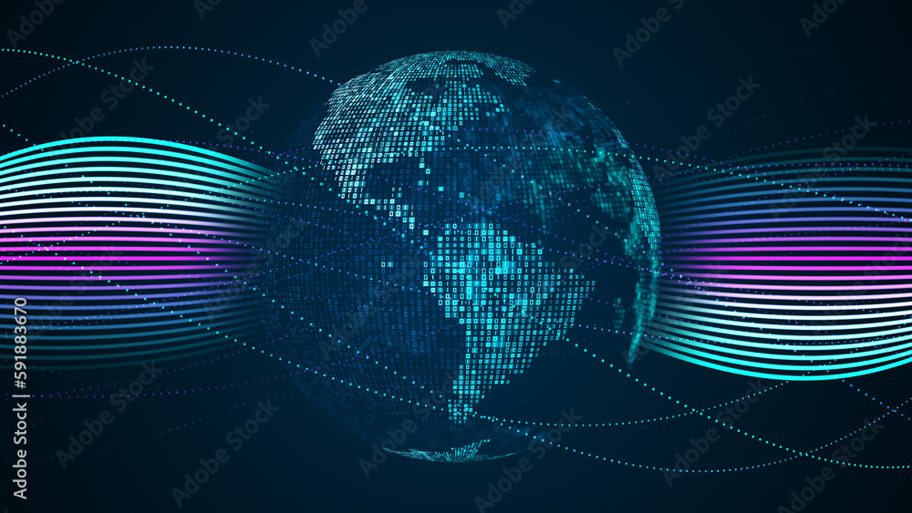 Poster abstract bluish green shiny square mosaic binary digital number globe earth world map side of americ