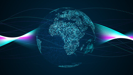 Abstract Bluish Green Shiny Square Mosaic Binary Digital Number Globe Earth World Map Side Of Africa And Europe On Twisted Dots And Lines Background © agratitudesign