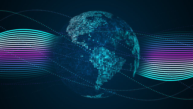 Abstract Bluish Green Shiny Square Mosaic Binary Digital Number Globe Earth World Map Side Of America Continent On Twisted Dots And Lines Background