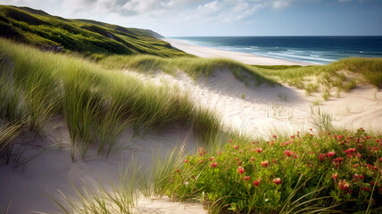 Pristine, sandy beach with gentle waves lapping at the shore, framed by a foreground of green dune grass and colorful wildflowers.