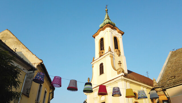 Scenic view of a catholic church in the historical city center in Szentendre, Hungary