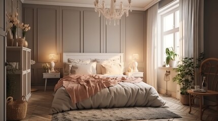 Fototapeta na wymiar Modern light romantic bedroom, generated with AI