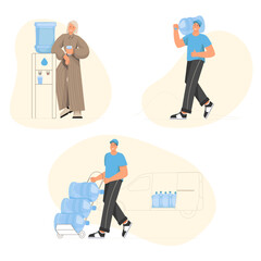 Water delivery service of fresh purified water. Woman drinking Fresh Water From Cooler. Young man brings a bottle of mineral water.