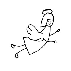 Doodle Angel isolated on white background. Simple black contour Cherub with halo. Hand Drawn Angel. Vector illustration.