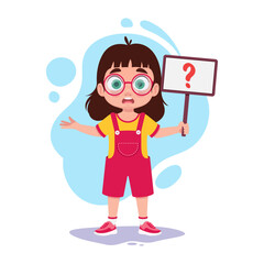 Child holding a sign, question mark