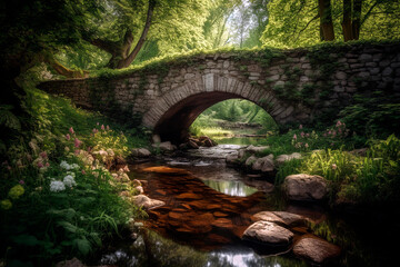 Fototapeta na wymiar Charming, cobblestone bridge arching over a gently flowing stream, surrounded by lush green foliage and vibrant spring blossoms.