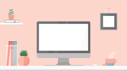 白い画面のパソコンのあるピンク色のかわいい部屋 - 仕事部屋･リモートワークのイメージ