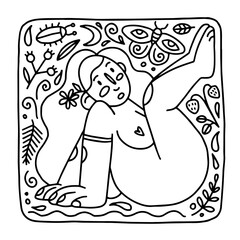 Beautiful woman. Hand-drawn vector illustration of body positive girl with flower. Black and white ornament	