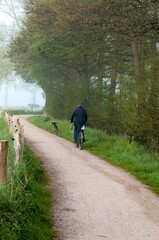 Vertical shot of a man riding a bicycle and a dog running during the daytime