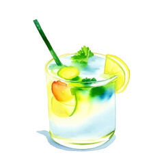 Watercolor glass of summer beverage cocktail lemon juice with leaves and lemon
