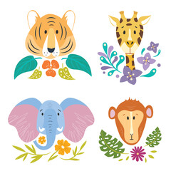 Vector cartoon animals in scandinavian style. Set of cute characters living in wild nature. Graphic elements of colourful leaves and flowers. Perfect design for children's room or greeting  card.