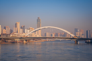 Fototapeta na wymiar Low angle shot of a bridge constructed above the water in Gansu, Lanzhou, China