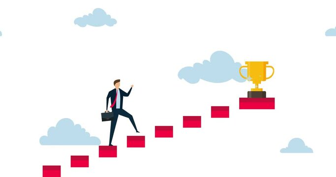 4k motion design of Success in business, successful businessman step up on wooden stairs to reach winner achievement trophy on top of the stair case.